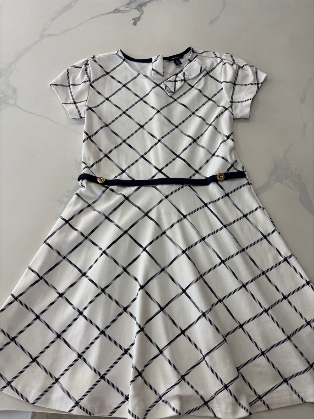 Nautica White & Navy Diamond-Check Fit-and-Flare Dress